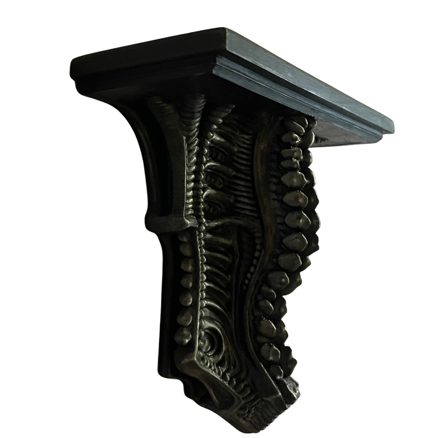 Giger Inspired Spine Shelf β Gothic Biomechanical Wall Art, Matte Black PLA with Silver Dry Brush Finish, Sci-Fi Decor