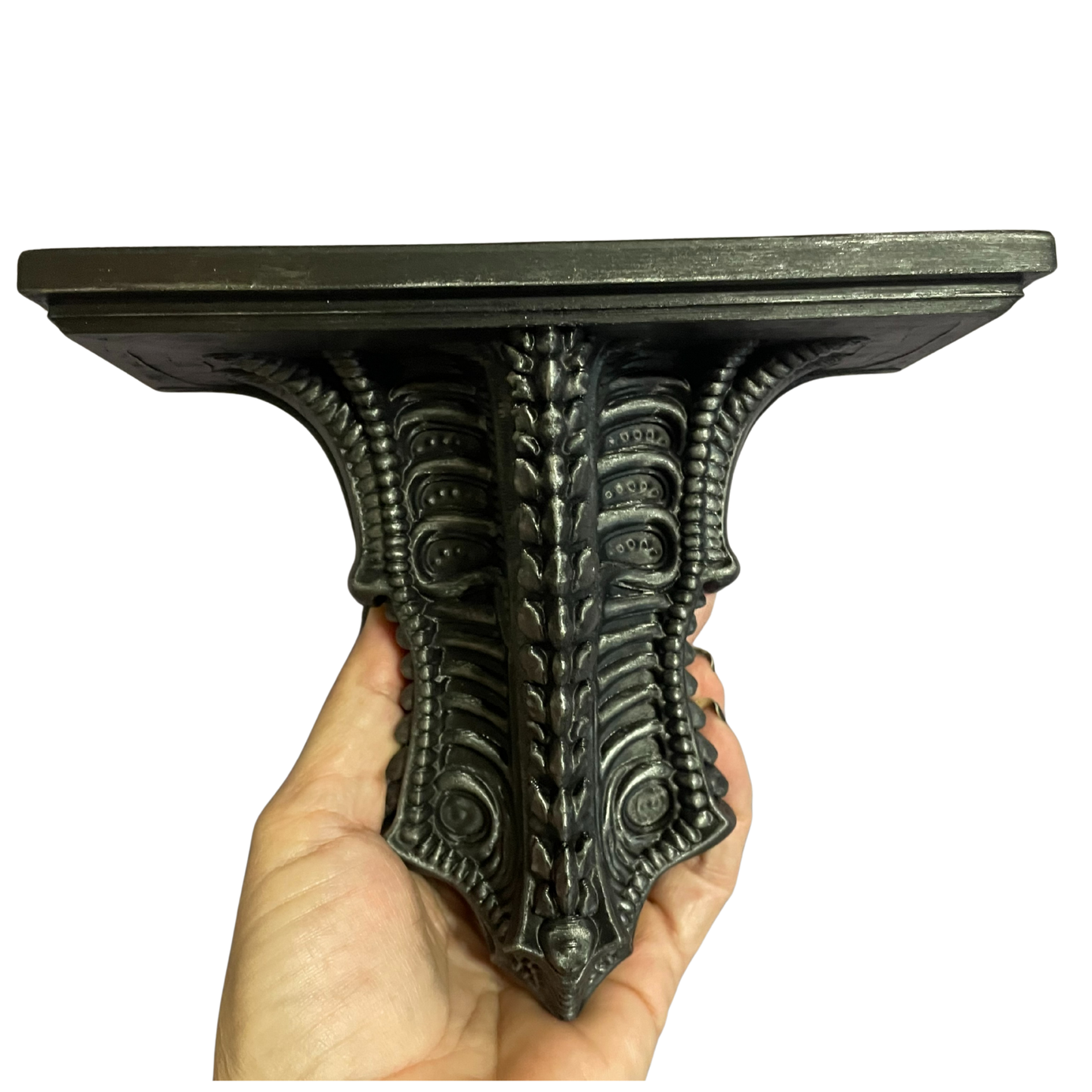 Giger Inspired Spine Shelf β Gothic Biomechanical Wall Art, Matte Black PLA with Silver Dry Brush Finish, Sci-Fi Decor