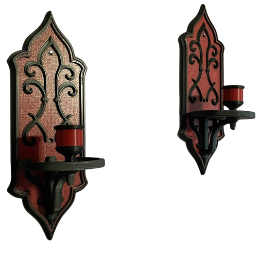 Gothic Wall Sconce Set | Black & Burgundy Candle Holders | 3D Printed Occult Home Décor (Pair)